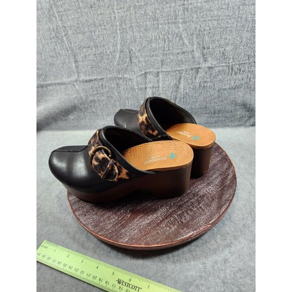 Baretraps Belita Black Leather Clogs With Leopard Print Strap & Buckle 8.5 - Picture 3 of 11